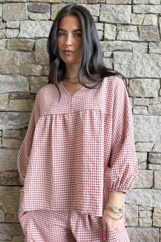 Arbi Gingham Peasant Smock Blouse Indian Red